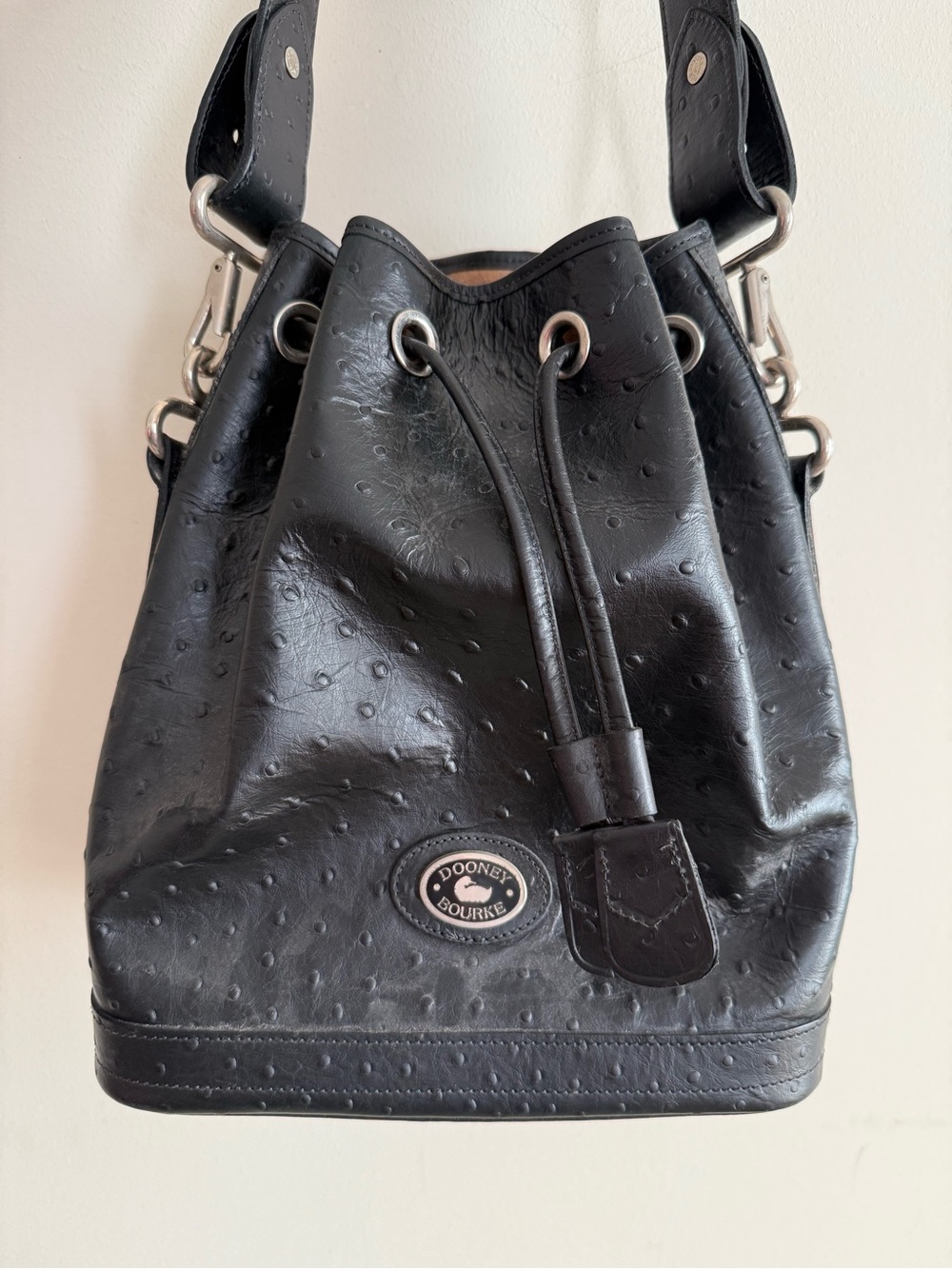 Dooney & Bourke Black Embossed Leather Drawstring Bucket Shoulder Bag